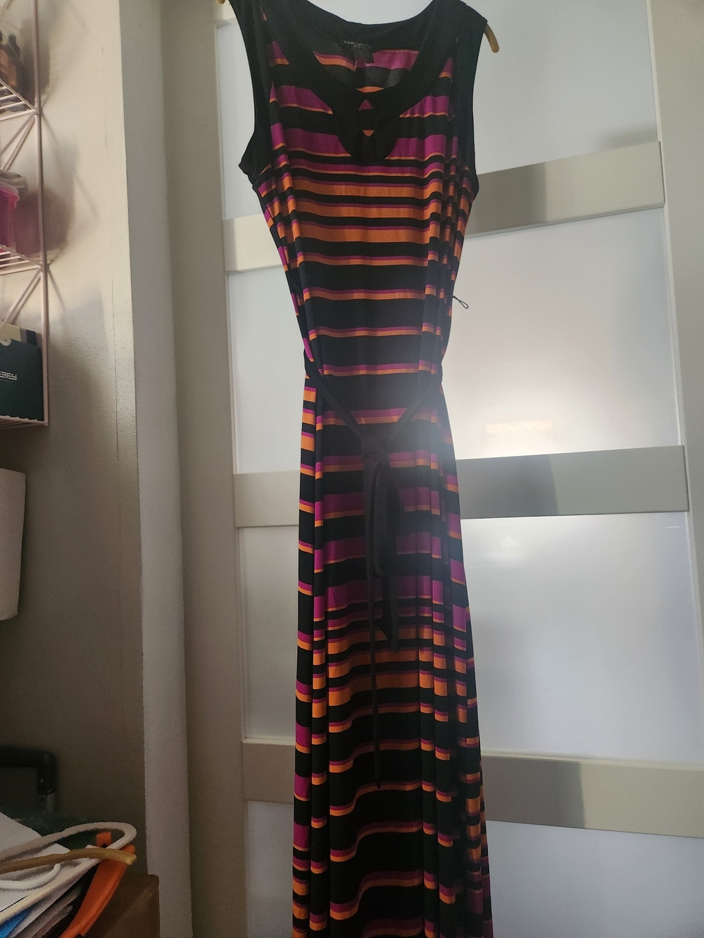 Susan Lawrence Black Maxi Dress with Pink & Orange Stripes